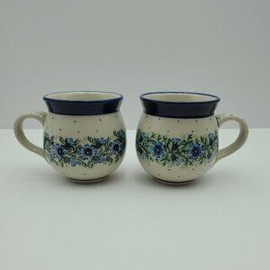 Polish Pottery Dotted Violet Bubble Mugs Blue Flowers & Dots Round Mugs